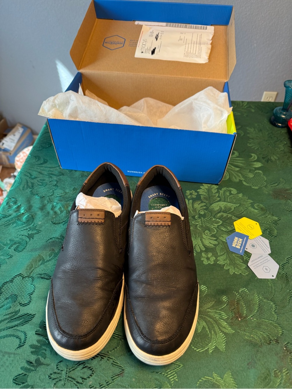 Nunn Bush Black Leather Slip-On Loafers with White Sole comfort gel insole.